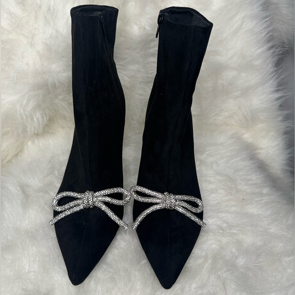 Black Rhinstone bow heeled booties worn once